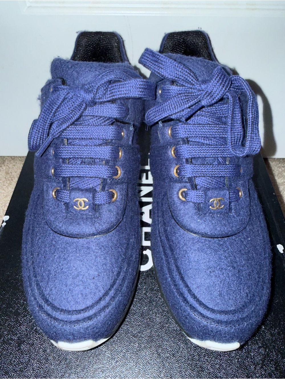 CHANEL Navy Wool CC Logo Lace-Up Sneakers